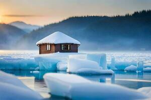 a small hut sits on top of ice floes in the middle of a lake. AI-Generated photo