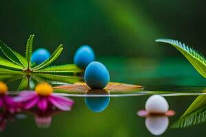 photo wallpaper the water, plants, flowers, the green, the blue, the eggs, the. AI-Generated