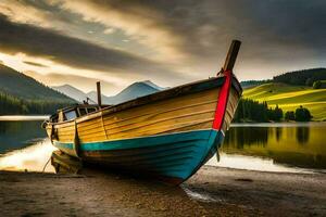 a boat sits on the shore of a lake. AI-Generated photo