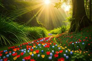 luz de sol brillante mediante un bosque de vistoso flores generado por ai foto