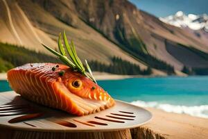 salmon on a plate with mountains in the background. AI-Generated photo