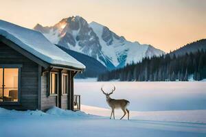 a deer stands in front of a cabin in the snow. AI-Generated photo