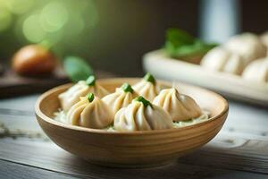 a bowl of dumplings on a table. AI-Generated photo