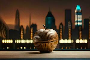 an apple sitting on a table in front of a city. AI-Generated photo