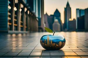 an apple with cityscape on it in front of a cityscape. AI-Generated photo