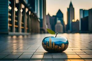 an apple with cityscape on it in front of a cityscape. AI-Generated photo