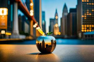 un manzana sentado en un mesa en frente de un ciudad horizonte. generado por ai foto