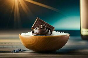 chocolate in a bowl with rice on a wooden table. AI-Generated photo