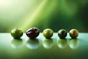 five olives are lined up on a table. AI-Generated photo