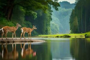 two deer standing on the bank of a river. AI-Generated photo