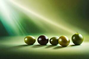 olives on a green background. AI-Generated photo