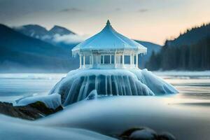 a gazebo sits on top of a frozen lake. AI-Generated photo