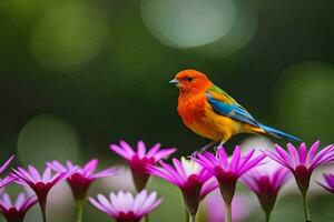 a colorful bird sits on top of some purple flowers. AI-Generated photo