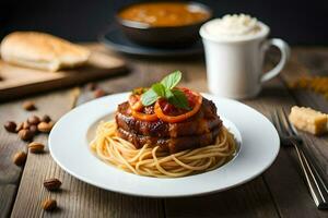 espaguetis con albóndigas y tomate salsa en un lámina. generado por ai foto