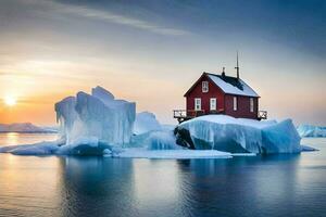 un rojo casa se sienta en parte superior de un iceberg. generado por ai foto