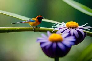 a colorful bird sits on a branch of a purple flower. AI-Generated photo