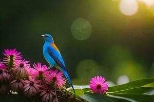 un azul pájaro se sienta en parte superior de rosado flores generado por ai foto