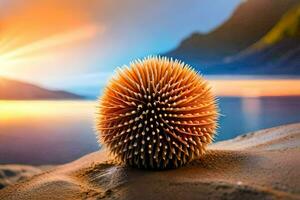 a spiky ball sits on the sand in front of the sun. AI-Generated photo