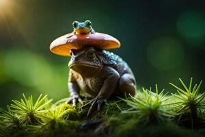 a frog and a toad sitting on top of a mushroom. AI-Generated photo