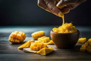 a person is pouring mango butter over a bowl of mango. AI-Generated photo