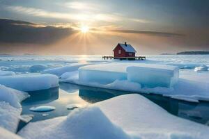 un rojo casa se sienta en hielo en el medio de el océano. generado por ai foto