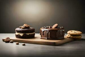 two chocolate cakes on a wooden board with cookies. AI-Generated photo