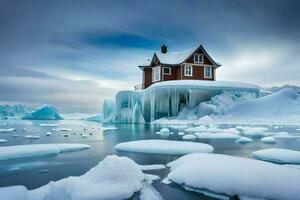 un casa en un iceberg en el ártico. generado por ai foto