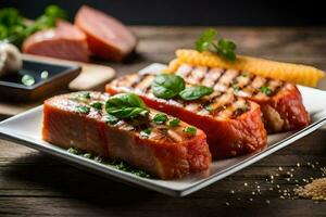 grilled salmon on a plate with vegetables and spices. AI-Generated photo