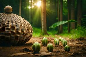 a basket with green plants in the forest. AI-Generated photo