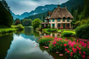 the house is surrounded by flowers and a river. AI-Generated photo