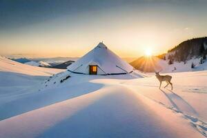 a deer walks in front of a teepee in the snow. AI-Generated photo