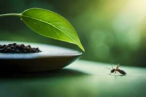 a small ant is standing next to a plant with a leaf. AI-Generated photo