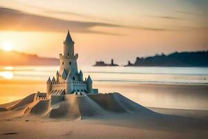 a castle on the beach at sunset. AI-Generated photo