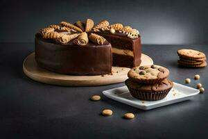 a chocolate cake with cookies and a cookie. AI-Generated photo