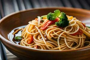 a bowl of noodles with vegetables and broccoli. AI-Generated photo