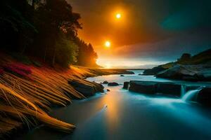 photo wallpaper the sky, water, rocks, trees, sunset, the sun, the moon,. AI-Generated