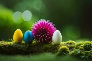 vistoso Pascua de Resurrección huevos en cubierto de musgo suelo. generado por ai foto