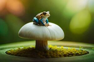 a small frog sits on top of a mushroom. AI-Generated photo