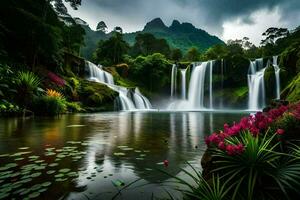 the waterfall is surrounded by lush green vegetation and flowers. AI-Generated photo