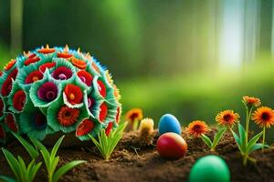 easter flowers, colorful eggs, and grass in the dirt. AI-Generated photo