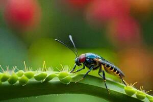 un avispa es sentado en un planta con rojo y azul flores generado por ai foto