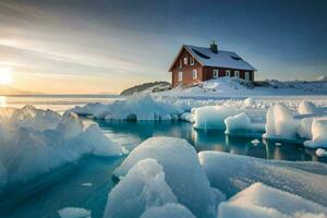 un rojo casa se sienta en parte superior de hielo en el medio de el océano. generado por ai foto