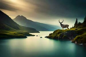 un ciervo soportes en un colina con vista a un lago. generado por ai foto