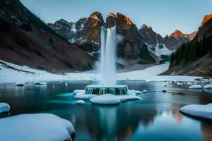 a fountain in the snow with mountains in the background. AI-Generated photo