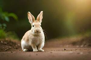 a rabbit sitting on the ground in the middle of a forest. AI-Generated photo