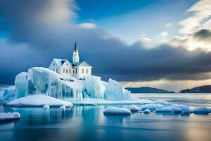 un Iglesia en un iceberg en el medio de el océano. generado por ai foto