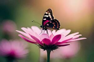 un mariposa es encaramado en un rosado flor. generado por ai foto