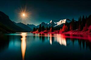 un hermosa lago a noche con montañas en el antecedentes. generado por ai foto