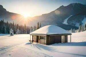a cabin in the snow with the sun setting behind it. AI-Generated photo