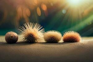 four spiky balls on the sand with sunlight shining through. AI-Generated photo